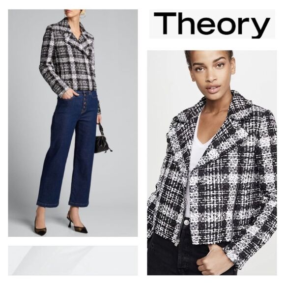 Theory Slim Moto Jacket In Rubber Plaid Tweed Jacket Blazer In Black & Whites 4 - Picture 4 of 12